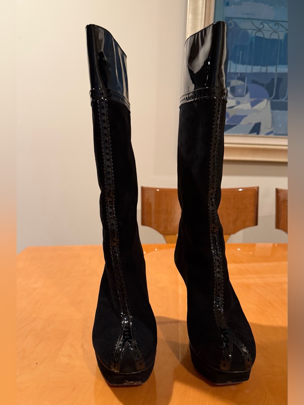 Yves Saint Laurent Black Suede Over-the-Knee Boots with Patent Trim